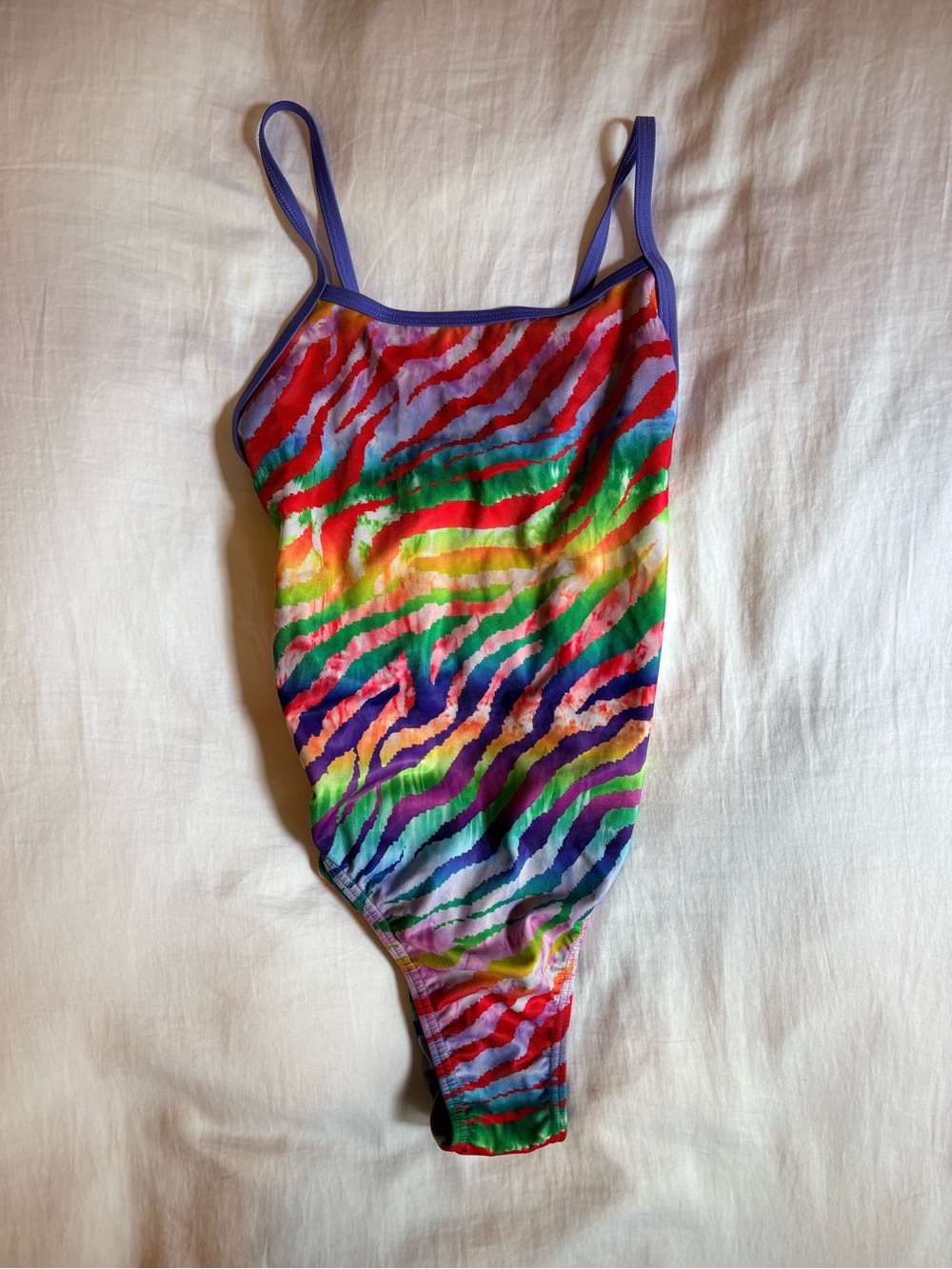 Speedo Multicolor Zebra-Stripe One-Piece Swimsuit with Purple Trim